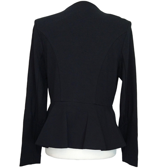 Cabi 3549 Agency Black Ponte Knit Moto Snap Jacket Peplum Hem Modern Stretch - Picture 2 of 8